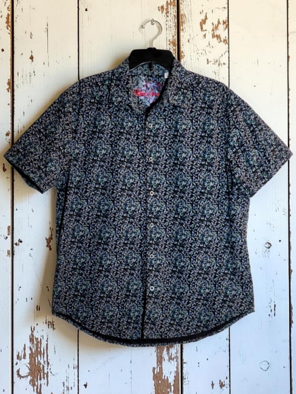 Robert Graham Men's Burley Black Leaf Print Short Sleeve Sport Shirt Size L